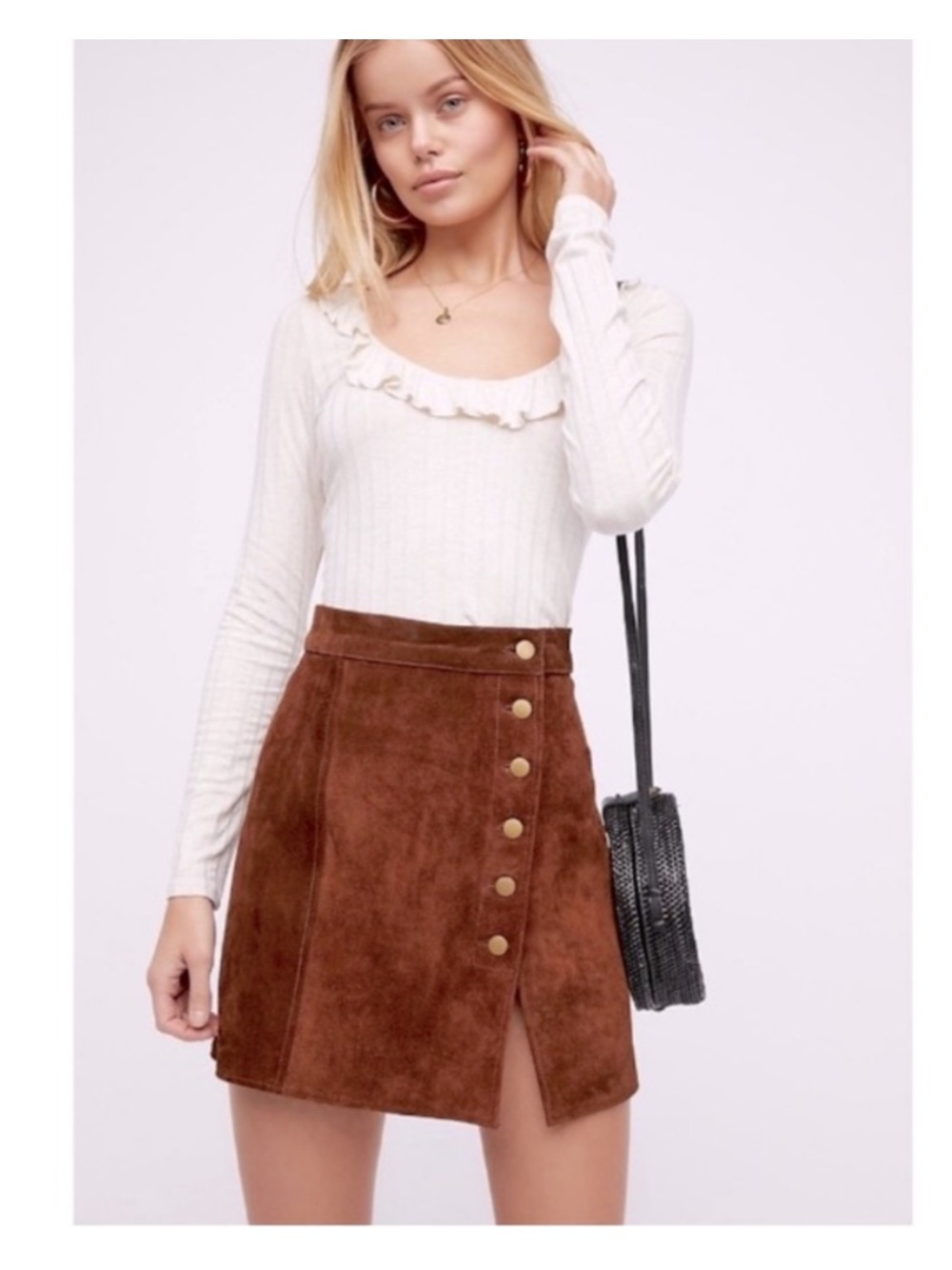 Understated Leather Button-Front Brown Suede Mini Skirt
